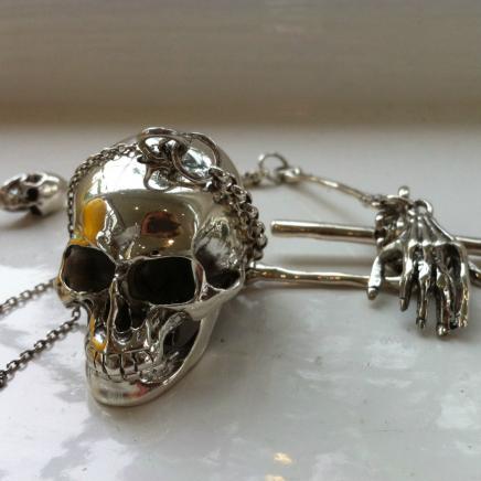 Photo of Solid Silver Fob Watch Chain & Gothic Skull Snuff Container