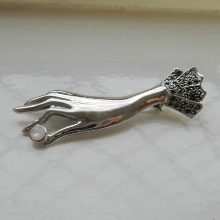 Photo of Art Deco Fine Silver & Pearl Ladies Hand Brooch