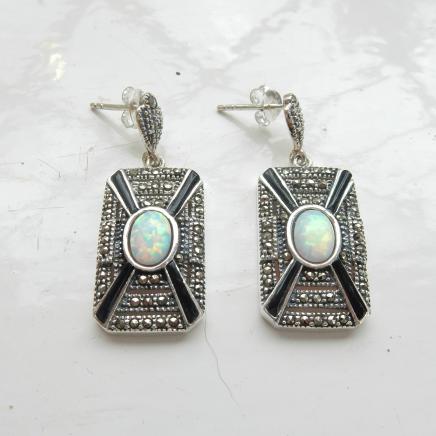 Photo of Art Deco Opal & Black Enamel Earrings