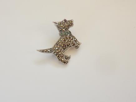 Photo of Silver Marcasite & Emerald Yorkie Dog Brooch