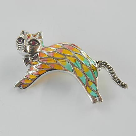 Photo of Silver Ruby Plique a Jour Cat Brooch