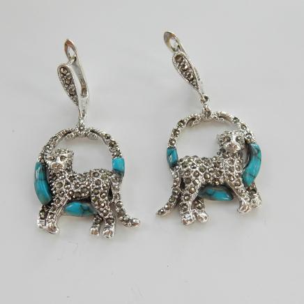 Photo of Art Deco Silver Marcasite Turquoise Cat Earrings