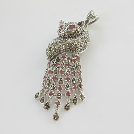Photo of Silver Marcasite & Ruby Racoon Pendant