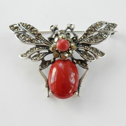 Photo of Silver Marcasite & Coral Bug Brooch