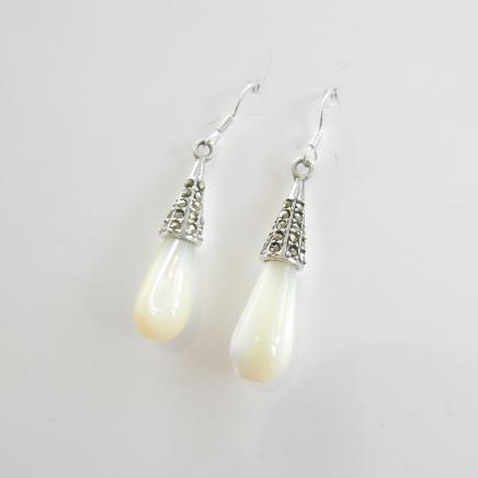 Photo of Sterling Silver Marcasite & Pearl Droplet Earrings