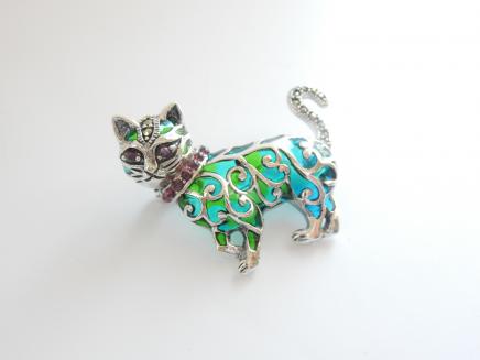 Photo of Silver Plique a Jour Ruby Cat Brooch