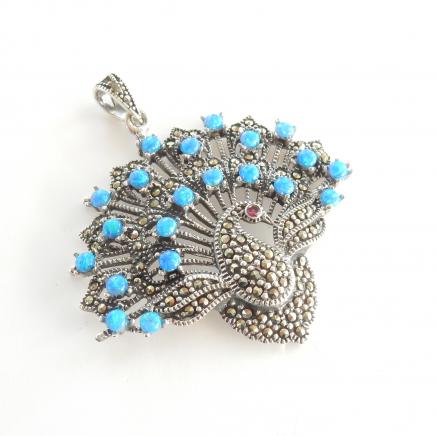 Photo of Silver Opal Ruby & Marcasite Peacock Pendant