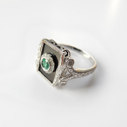 Photo of 14 Carat White Gold Deco Diamond Emerald Onyx Ring Statement Ring