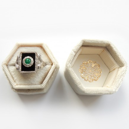 Photo of 14 Carat White Gold Deco Diamond Emerald Onyx Ring Statement Ring