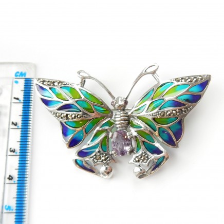 Photo of Amethyst Plique a Jour Enamel Butterfly Pendant Brooch Sterling Silver Jewelry