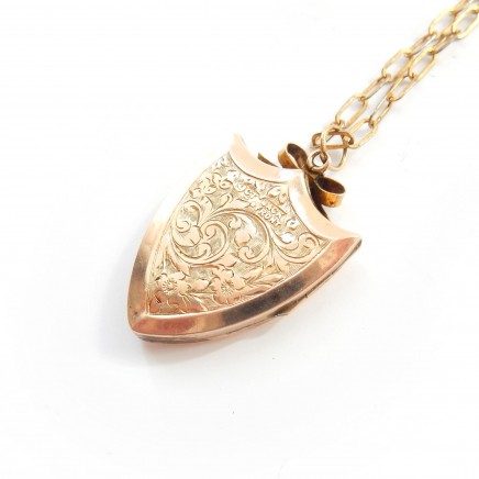 Photo of Antique 9 Carat Gold Shield Locket with Bow 9k Gold Necklace Edwardian Jewelry