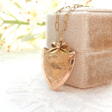 Photo of Antique 9 Carat Gold Shield Locket with Bow 9k Gold Necklace Edwardian Jewelry