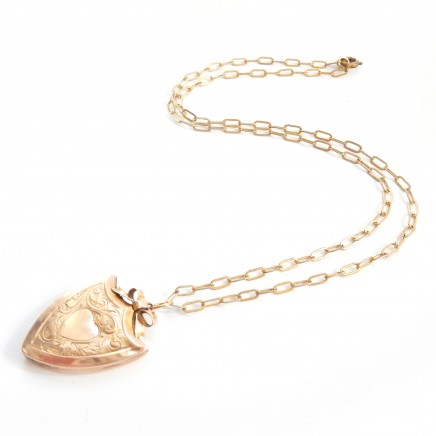 Photo of Antique 9 Carat Gold Shield Locket with Bow 9k Gold Necklace Edwardian Jewelry