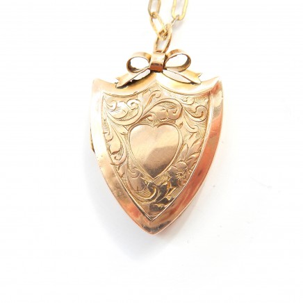 Photo of Antique 9 Carat Gold Shield Locket with Bow 9k Gold Necklace Edwardian Jewelry