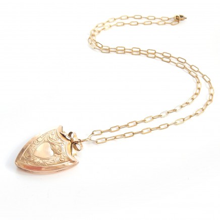 Photo of Antique 9 Carat Gold Shield Locket with Bow 9k Gold Necklace Edwardian Jewelry