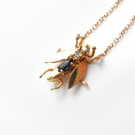 Photo of Antique 9k Gold Sapphire Diamond Bug Insect Necklace Pendant 9 Carat Gold