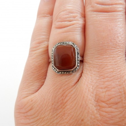 Photo of Antique Art Deco Carnelian Marcasite Ring 1930s Sterling Silver Size 5 3/4