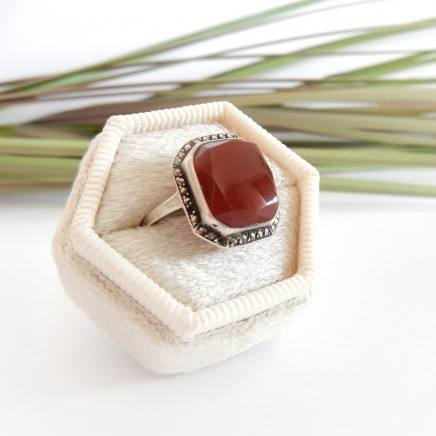 Photo of Antique Art Deco Carnelian Marcasite Ring 1930s Sterling Silver Size 5 3/4