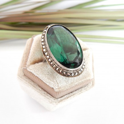 Photo of Antique Art Deco Emerald Glass Marcasite Cocktail Ring 1940s Sterling Silver