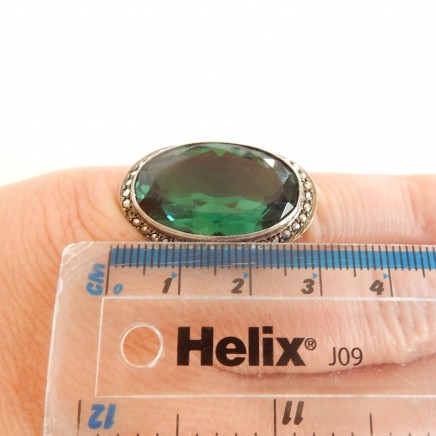 Photo of Antique Art Deco Emerald Glass Marcasite Cocktail Ring 1940s Sterling Silver