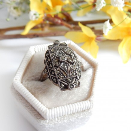 Photo of Antique Art Deco Filigree Marcasite Ring Sterling Silver Navette Ring Size 5.5
