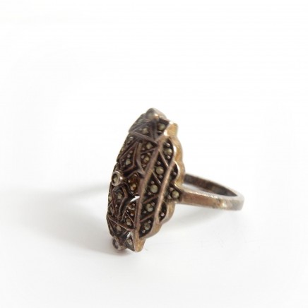 Photo of Antique Art Deco Filigree Marcasite Ring Sterling Silver Navette Ring Size 5.5
