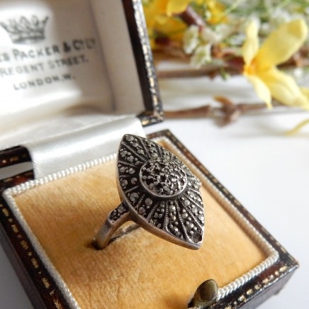 Photo of Antique Art Deco Marcasite Ring Sterling Silver Navette Ring Size 6 3/4
