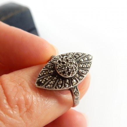 Photo of Antique Art Deco Marcasite Ring Sterling Silver Navette Ring Size 6 3/4