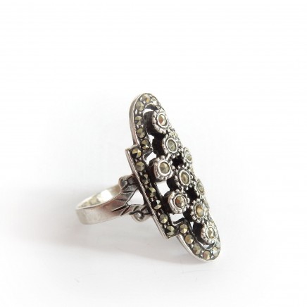 Photo of Antique Art Deco Marcasite Ring Sterling Silver Navette Ring Size 7