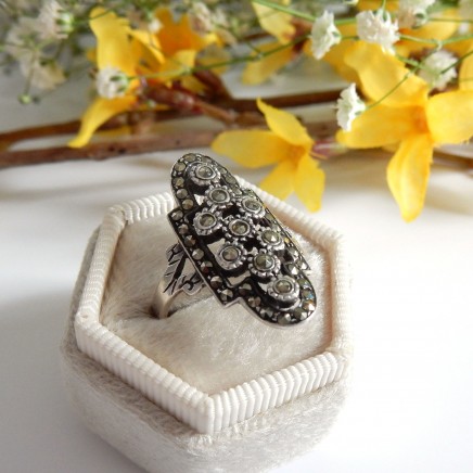 Photo of Antique Art Deco Marcasite Ring Sterling Silver Navette Ring Size 7