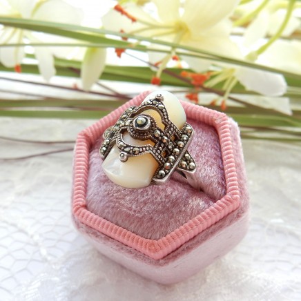 Photo of Antique Art Deco Mother of Pearl Marcasite Ring US Size 9.5