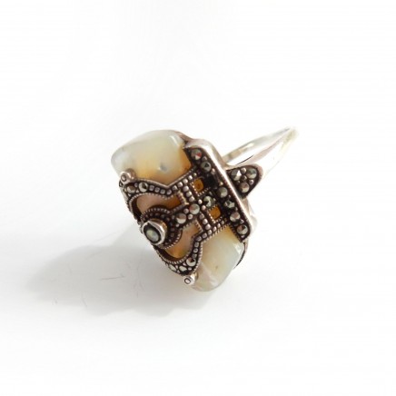 Photo of Antique Art Deco Mother of Pearl Marcasite Ring US Size 9.5