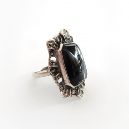Photo of Antique Art Deco Onyx Marcasite Ring 1940s Sterling Silver Jewelery Size 4.5