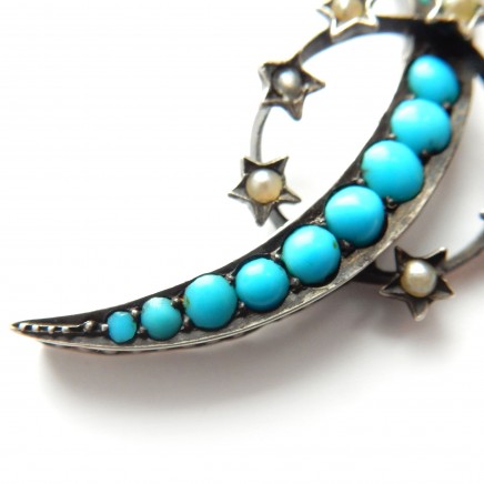 Photo of Antique Edwardian 800 Silver Seed Pearl Turquoise Moon Stars Pendant Jewelery