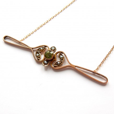 Photo of Antique Edwardian 9k Rose Gold Peridot Seed Pearl Necklace Dainty Jewelery