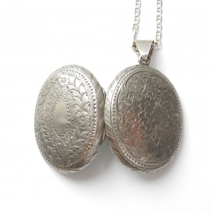 Photo of Antique Edwardian Silver Locket Necklace Hand Chased Oval Flower Locket