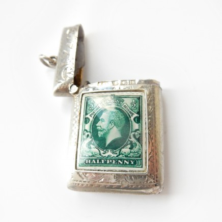 Photo of Antique Edwardian Solid Silver Enamel Half Penny Stamp Vesta Match Safe B'Ham 1909