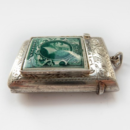 Photo of Antique Edwardian Solid Silver Enamel Half Penny Stamp Vesta Match Safe B'Ham 1909