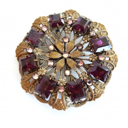 Photo of Antique Filigree Purple Amethyst Glass Brooch 1950s Costume Jewelery