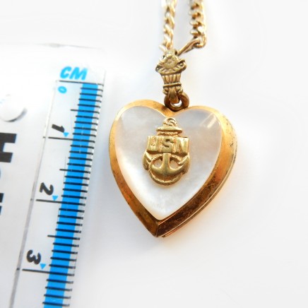 Photo of Antique Gold Filled US Navy Sweetheart Heart Pearl Locket Necklace & Chain