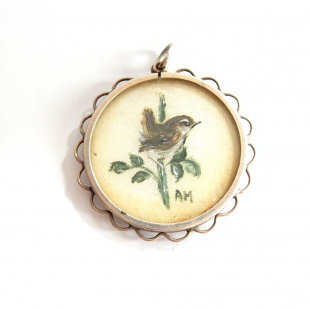 Photo of Antique Painted Bird on Silk Silver Locket Pendant
