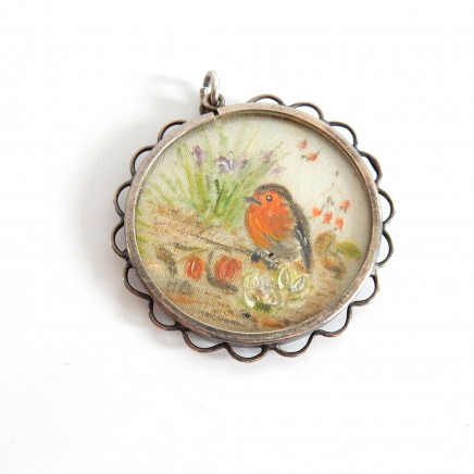 Photo of Antique Painted Robin on Silk Silver Locket Pendant