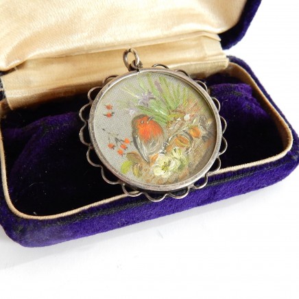 Photo of Antique Painted Robin on Silk Silver Locket Pendant