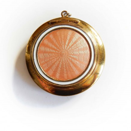 Photo of Antique Pink Guilloche Enamel Brass Mirror Compact Pendant