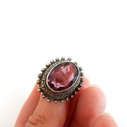 Photo of Antique Purple Amethyst Glass Cocktail Ring 1960s Statement Jewelery Size 6