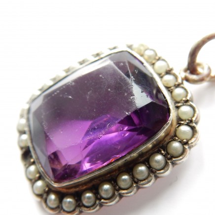 Photo of Antique Purple Amethyst Glass Seed Pearl Necklace Sterling Silver Jewelery