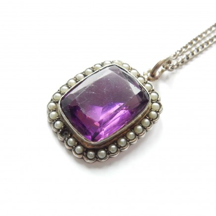 Photo of Antique Purple Amethyst Glass Seed Pearl Necklace Sterling Silver Jewelery