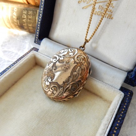 Photo of Antique Rolled Gold Hand Chased Locket Necklace