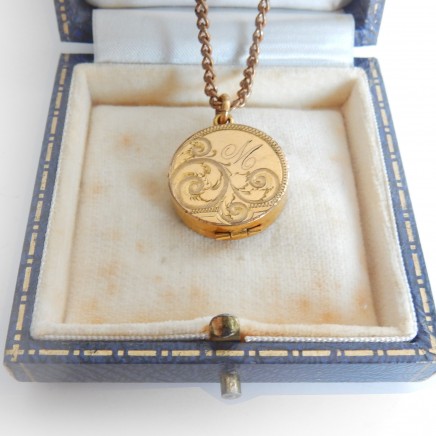 Photo of Antique Rolled Gold Monogram Locket Pendant Necklace Signed SKM & Co