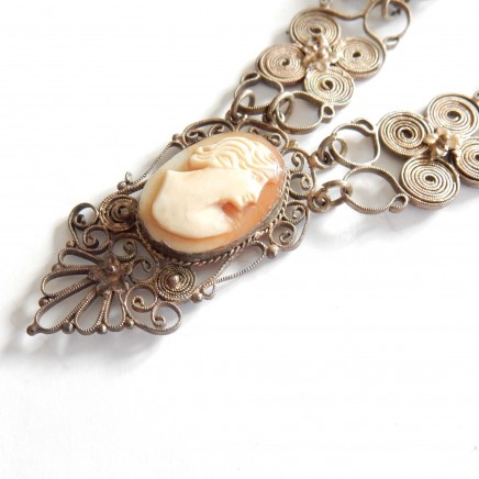 Photo of Antique Shell Cameo Filigree Paste Stone Necklace